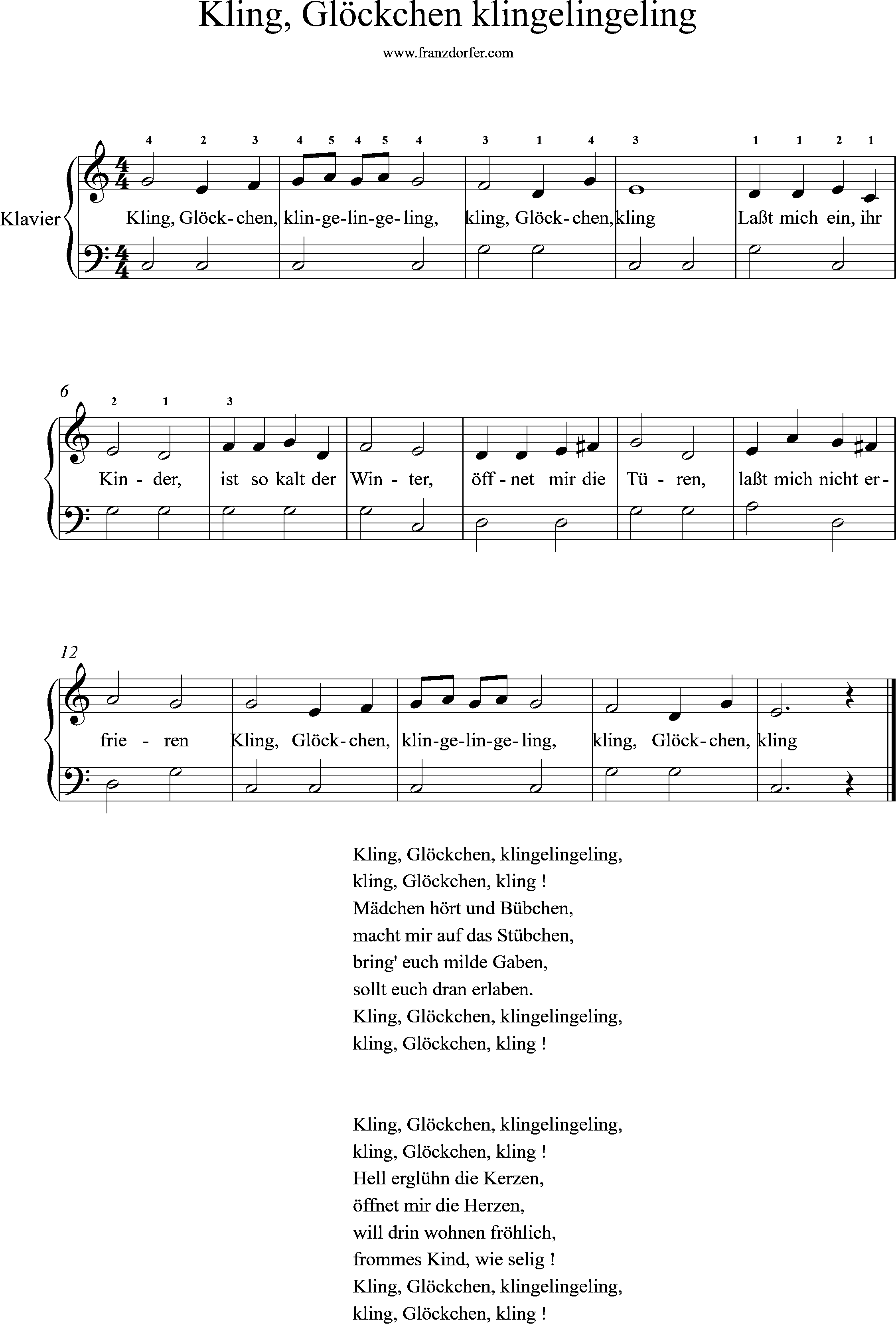 Kling Glöckchen, Klaviernoten Anfänger, C-Dur